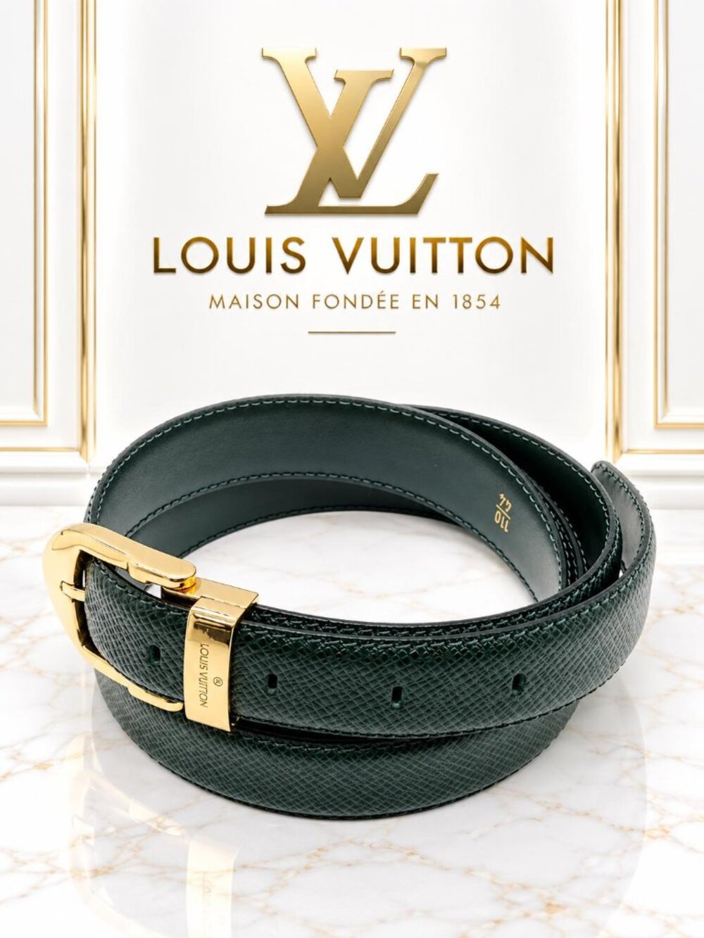 Authentic Louis Vuitton Black Taiga Leather Belt Gold Tone Buckle
